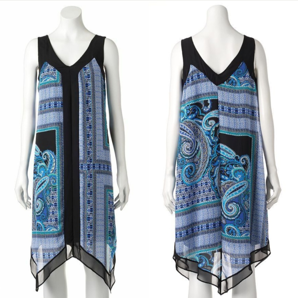 AB Studio Sleeveless Boho Asymmetric Midi Dress Size S Blue Chiffon Shift Hippie